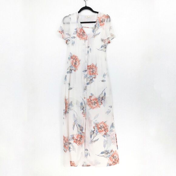 Current Air Asos Women XS Dress White Maxi Chiffon Flutter Sleeve Floral Slit - Picture 2 of 8